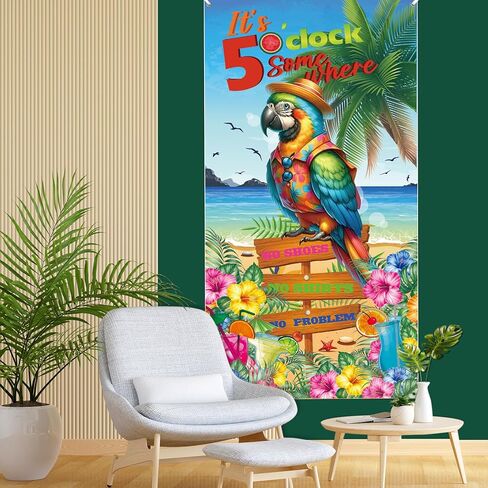 Summer Door Banner Decorations Hawaiian Beach Door Cover Tropical Parrot Door Sign It's 5 O'clock Somewhere Photo Background for Hawaii Luau Party Decorations Baby Shower Supplies Indoor Outdoor Decor in Saudi Arabia