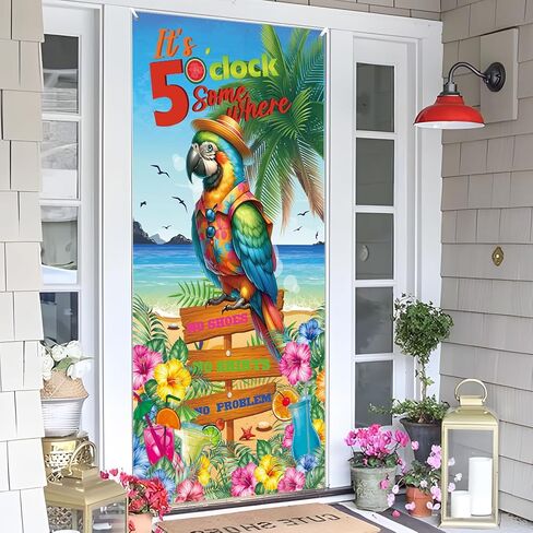 Summer Door Banner Decorations Hawaiian Beach Door Cover Tropical Parrot Door Sign It's 5 O'clock Somewhere Photo Background for Hawaii Luau Party Decorations Baby Shower Supplies Indoor Outdoor Decor in Saudi Arabia