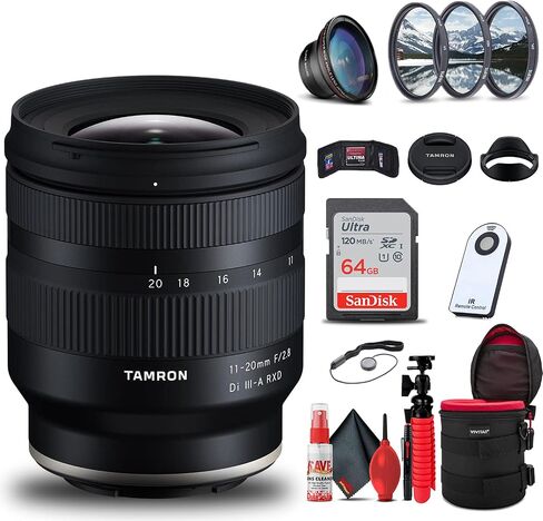 Tamron 11-20mm f/2.8 Di III-A RXD Lens for Sony E (AFB060S-700) Intl Model Bundle with 64GB SD Card + Lens Case + Wireless Remote + Tripod + 3-Piece Filter Kit + Wide Angle Lens + Lens Cleaning Kit in Saudi Arabia