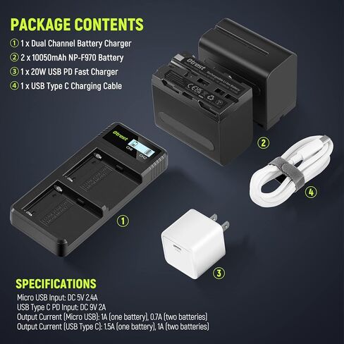 بطارية 10050 مللي أمبير NP-F970 مع مجموعة شاحن سريع 20 وات PD، استبدال بطارية لـ NP-F970 950 750 550، متوافقة مع كاميرات فيديو سوني، مصابيح LED، أضواء حلقية، شاشات، عبوتان in Kuwait