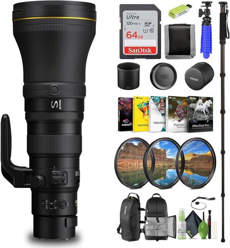 كاميرات Nikon NIKKOR Z مقاس 800 مم f/6.3 VR S ذات العدسة المقربة الفائقة من السلسلة Z كاميرات بدون مرايا (20108) + بطاقة سعة 64 جيجابايت + حقيبة ظهر + Monopod + قارئ بطاقات + برنامج Corel للصور + حامل ثلاثي القوائم مرن + المزيد (متجدد) in Saudi Arabia