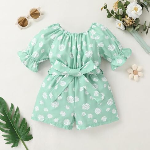 YOUNGER TREE Kids Toddler Baby Girls Summer Outfit Off-Shoulder Sunflower Overall Romper Jumpsuit Short Trousers Clothes in Kuwait