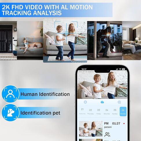 كاميرا أمان داخلية 2K، كاميرا للحيوانات الأليفة بزاوية 360 درجة مع تطبيق الهاتف، كشف الحركة، رؤية ليلية 5/2.4 جيجا هرتز، كاميرا أمان ذكية واي فاي لأمن المنزل/مراقبة الطفل/كاميرا قابلة للإمالة والكلاب in Kuwait