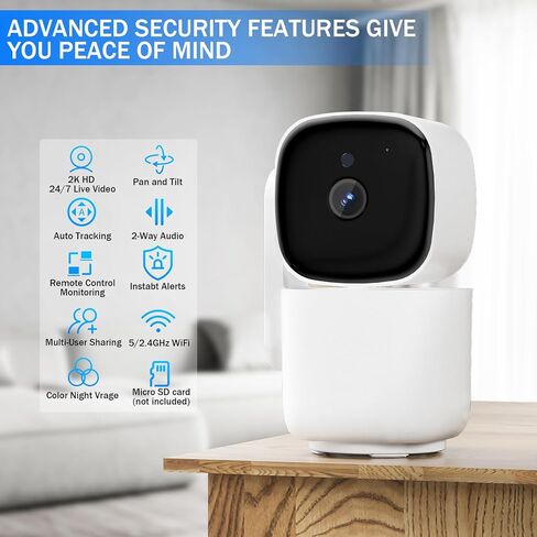 كاميرا أمان داخلية 2K، كاميرا للحيوانات الأليفة بزاوية 360 درجة مع تطبيق الهاتف، كشف الحركة، رؤية ليلية 5/2.4 جيجا هرتز، كاميرا أمان ذكية واي فاي لأمن المنزل/مراقبة الطفل/كاميرا قابلة للإمالة والكلاب in Kuwait