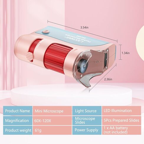 مجهر جيب LAKWAR للأطفال، مجهر صغير محمول 60x-120x مع 5 مجموعات شرائح مجهر، مجهر صغير للأطفال والطلاب والكبار ومختبر المدرسة المنزلية in Kuwait
