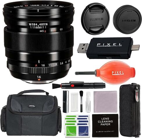 مجموعة عدسات Fujifilm XF16mm f1.4 R WR مع منفاخ Pixel Hurricane وقارئ بطاقات 3 في 1 والمزيد (مرخصة من الولايات المتحدة الأمريكية بضمان Fujifilm) | فوجي 16 ملم F1.4 in Kuwait