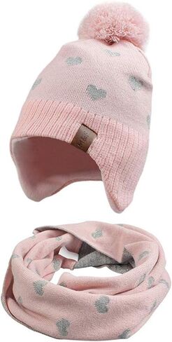 JANGANNSA Knitted Baby Hat Scarf Set Winter Warm Boys Girls Beanie Fleece Lining Toddler Kids Hats with Pompom in Saudi Arabia
