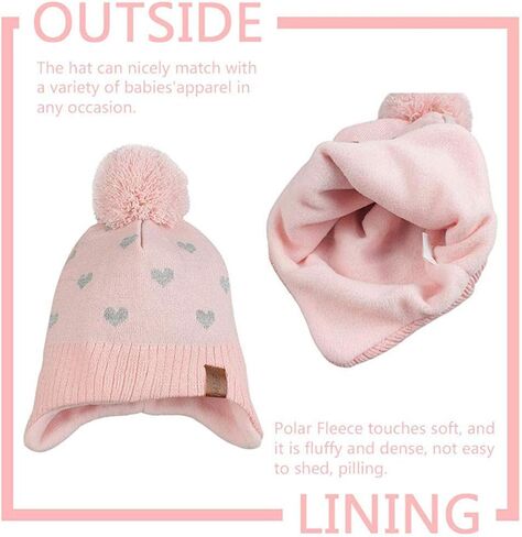 JANGANNSA Knitted Baby Hat Scarf Set Winter Warm Boys Girls Beanie Fleece Lining Toddler Kids Hats with Pompom in Saudi Arabia