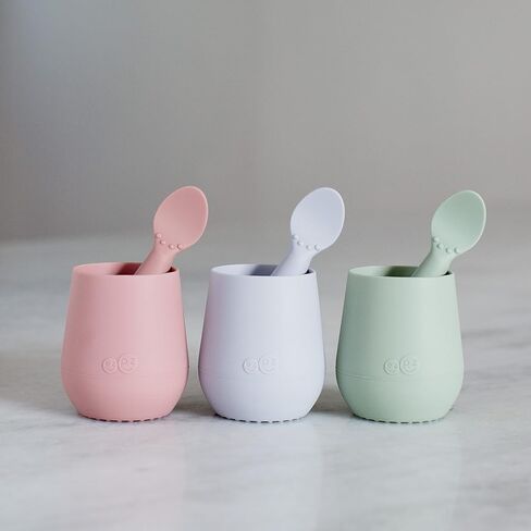 ezpz Mini Cup + Straw Training System - 9 Months+ (Sage) - 100% Silicone Training Cup for Infants + Toddlers - Designed by a Pediatric Feeding Specialist in Kuwait