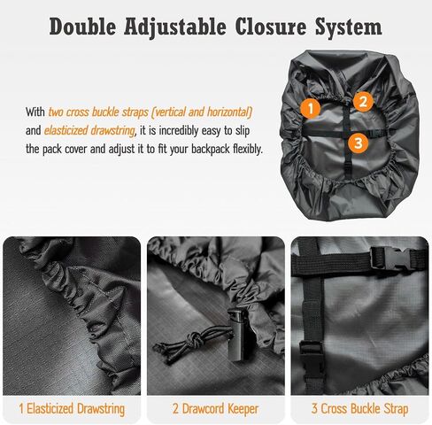 Waterproof Backpack Rain Cover (15-90L), Heavy-Duty Nylon Pack Cover with Upgraded Double Adjustable Closure System and a Carry Pouch for Hiking, Cycling. Durable and Lightweight. in Kuwait