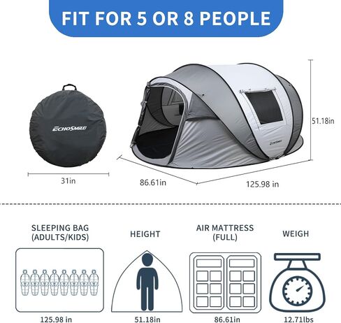 EchoSmile Instant Pop Up Camping Tent, 2/4/6 Person Easy Setup Tent | Water Resistant Dome·Portable with Carry Bag·Fiberglass Frame·Picnic·Camping·Hiking·Fishing in Kuwait