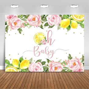 Mocsicka Lemon Baby Shower Backdrop Main Squeeze Oh Baby Background Pink Flower Lemonade Baby Shower Party Decorations (7x5ft (82x60 inch))