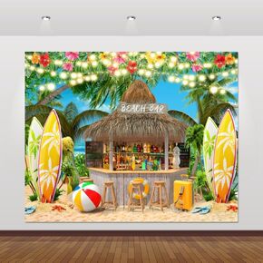 Beach Backdrop 10x8ft for Hawaiian Party Decorations Summer Tropical Beach Bar Surfboard Palm Tree Seaside Background Hawaii Luau Aloha Party Banner Beach Theme Party Decorations
