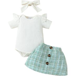 SHUING Toddler Girl Fall 3Pcs Skirt Outfit Knitted Ribbed Long Sleeve T-Shirt Tops Plaid Tweed Pattern Skirt Beret Set in Kuwait