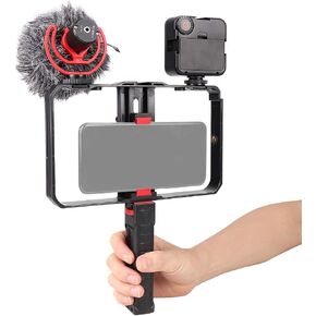 Smartphone Video Rig Camera Cage Mount Holder Stabilizer (Removable Handle Grip Version) with by-MM1 Microphone Mic + 49 LED Light Kit for Mobile Phone iPhone Filmmaking Videomaker