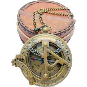 MADSNIIB Brass Sundial Compass, Handcrafted Vintage Sundial Compass, Antique Steampunk Accessory for Touring, Hiking, Camping,Gift Idea for Loved Ones (Sundial Compass with Rosewood Case)