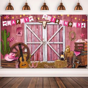 Western Cowgirl Birthday Banner Cowboy Backdrop Photography Booth Prop Pink Cowgirl Party Background for Cowgirl Birthday Baby Shower Party Decorations Supplies, 71 x 43 Inch