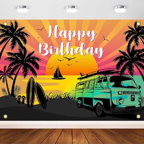 Avezano Summer Seaside Sunset Backdrop for Birthday Sunset Sea Tropical Palm Trees Birthday Photography Backdrop Summer Hawaii Seaside Happy Birthday Banner Decoration (5x3ft)
