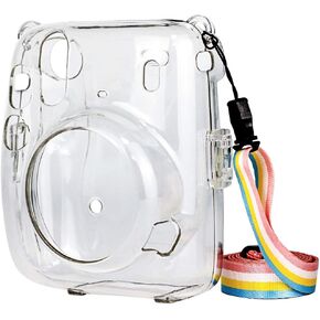 Protective Clear Case for Fujifilm Instax Mini 11, Crystal Camera Case with Adjustable Rainbow Shoulder Strap for Fujifilm Instax Mini 11