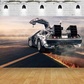 5.9 x 3.6 ft Back to Future Backdrop Time Machine Car Photography Background Back Future Theme Birthday Party Supplies Room Wall Decor Banner Poster Picture Photoshoot Photo Booth Props