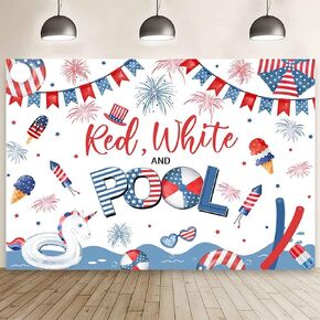 MEHOFOND 7x5ft Red White and Pool Party Backdrop 4th of July Pool Party Photography Background American Independence Day Summer Pool Party Decor Splish Splash Birthday Holiday Party Banner Photo Props