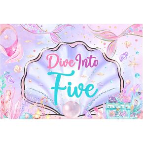 Mermaid 5th Birthday Decorations, 5x3ft Dive Into Five Backdrop Mermaid Birthday Banner Under The Sea Photography Background Photo Booth Studio, Girls 5 Years Old Birthday Party Supplies