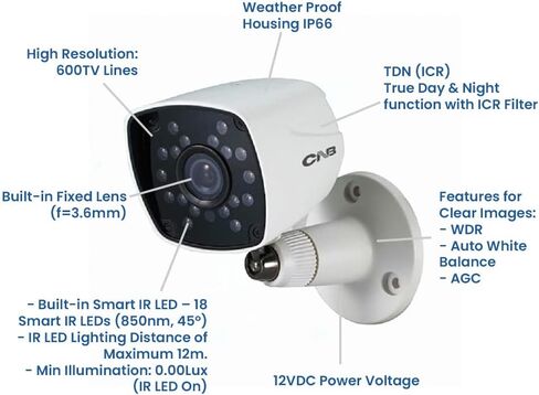 كاميرا مراقبة خارجية تناظرية CNB XBK-60S | 600TVL، مستشعر HPI 1/3 بوصة، عدسة 3.6 مم، TDN (ICR)، WDR، Smart IR LED، IP66، 12VDC، تغليف OEM - مراقبة احترافية للمنزل والأعمال التجارية والبيع بالتجزئة والمكاتب in Kuwait