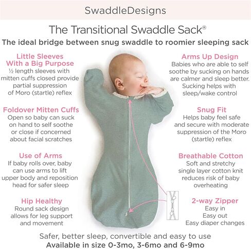 SwaddleDesigns Transitional Swaddle Sack with Arms Up Half-Length Sleeves and Mitten Cuffs, Better Sleep for Baby, Easy Swaddle Transition, Heathered Gray with Striped Trim, Large, 6-9 Mo, 21-24 lbs in Kuwait