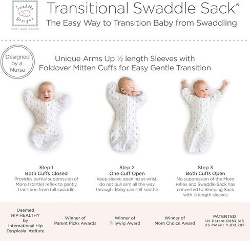 SwaddleDesigns Transitional Swaddle Sack with Arms Up Half-Length Sleeves and Mitten Cuffs, Better Sleep for Baby, Easy Swaddle Transition, Heathered Gray with Striped Trim, Large, 6-9 Mo, 21-24 lbs in Kuwait