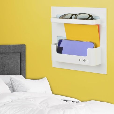 OKOMATCH Bedside Shelf - Stick On Wall Mounted Bed Room,Dorm,Office Adhesive Floating Accessories Caddy Organizer/Holder for Phone,Glasses,Remote Control,Keys,Pens - Plastic Material- White in Saudi Arabia
