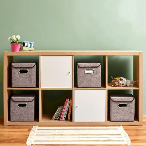 صناديق سلة تخزين مكعبة من EZOWare مكونة من 4 قطع مع غطاء، صناديق قابلة للطي من قماش الكتان بغطاء من قماش الخيزران - بيج، 9.8 × 9.8 × 9.8 بوصة in Kuwait