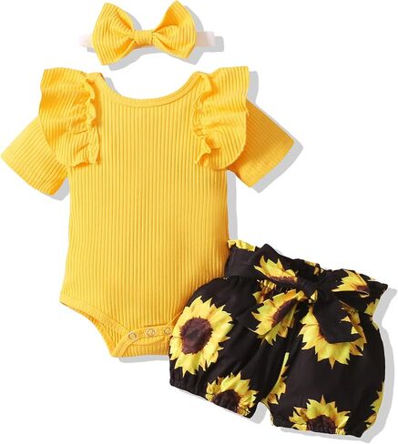 AMAWMW Newborn Baby Girl Summer Clothes Ruffle Ribbed Romper Vintage Floral Bloomers Shorts Outfit Infant Gift Set in Saudi Arabia