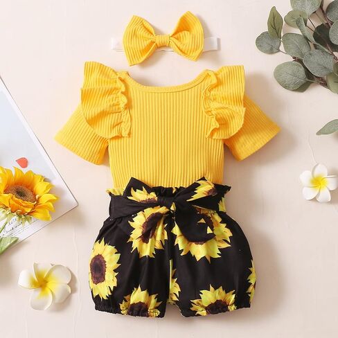 AMAWMW Newborn Baby Girl Summer Clothes Ruffle Ribbed Romper Vintage Floral Bloomers Shorts Outfit Infant Gift Set in Saudi Arabia