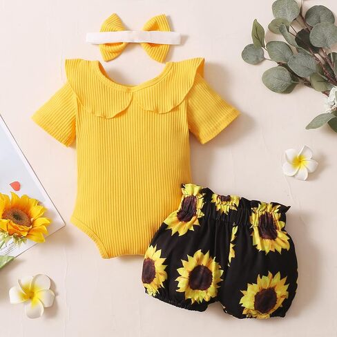 AMAWMW Newborn Baby Girl Summer Clothes Ruffle Ribbed Romper Vintage Floral Bloomers Shorts Outfit Infant Gift Set in Saudi Arabia
