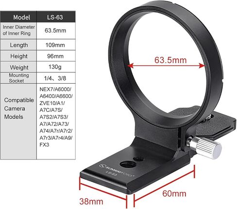 SUNWAYFOTO LS-63 Rotating Collar for a7rv a7riv a7m4 a6500 Mirrorless Cameras,Tripod Mount Ring Lens Support Collar Arca Swiss Plate Mount DSLR Horizontal Vertical Switching in Saudi Arabia