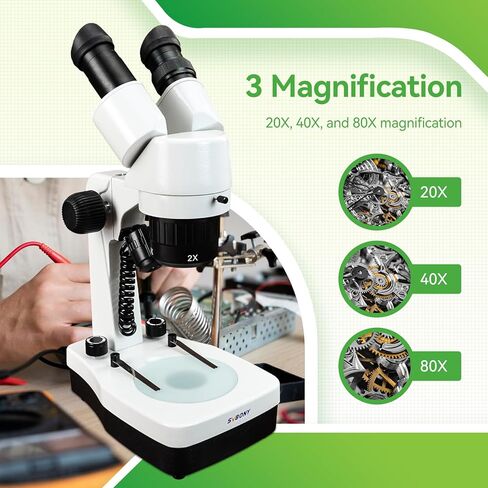 SVBONY SM403 مجهر ستيريو ثنائي العينين للبالغين، مجهر فحص ستيريو مع تكبير 20X 40X 80X، إضاءة LED مزدوجة، حامل ذراع، للصيانة الصناعية للوحة الدوائر الصغيرة in Kuwait