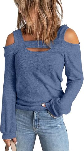 Women Blouses and Tops Black White Colorblock Bell Sleeve Cold Shoulder Top Shirt in Kuwait