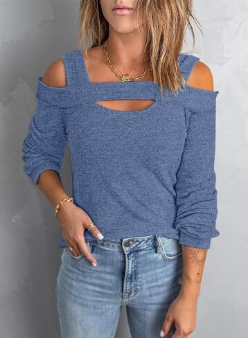 Women Blouses and Tops Black White Colorblock Bell Sleeve Cold Shoulder Top Shirt in Kuwait