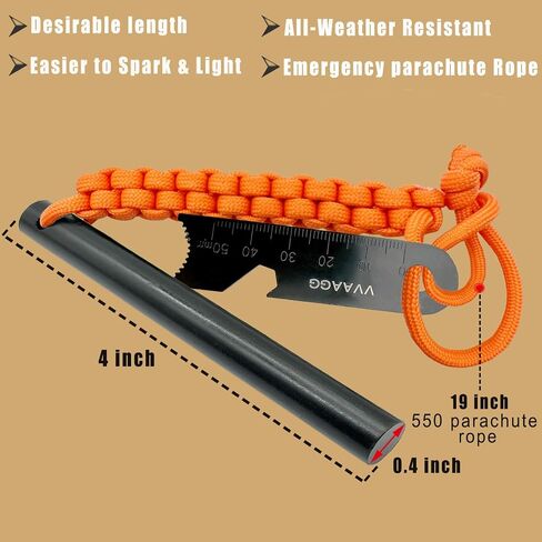 VVAAGG Flint and Steel Fire Starter Kit Survivor, 3/8" 1/2 inch Ferro Rods and Magnesium Rods with Paracord Handle in Kuwait