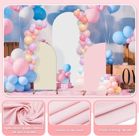Buryeah 3 Pcs Wedding Arch Backdrop Cover Spandex Fitted Arch Cover Backdrop Fabric 7.2' 5' 2 Sided Round Top Chiara Arch Stand Cover for Birthday Party Bridal Baby Shower Decor, White, Beige, Pink in Saudi Arabia