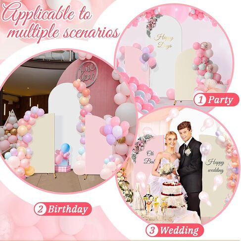 Buryeah 3 Pcs Wedding Arch Backdrop Cover Spandex Fitted Arch Cover Backdrop Fabric 7.2' 5' 2 Sided Round Top Chiara Arch Stand Cover for Birthday Party Bridal Baby Shower Decor, White, Beige, Pink in Saudi Arabia