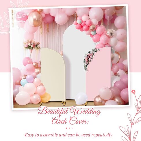 Buryeah 3 Pcs Wedding Arch Backdrop Cover Spandex Fitted Arch Cover Backdrop Fabric 7.2' 5' 2 Sided Round Top Chiara Arch Stand Cover for Birthday Party Bridal Baby Shower Decor, White, Beige, Pink in Saudi Arabia