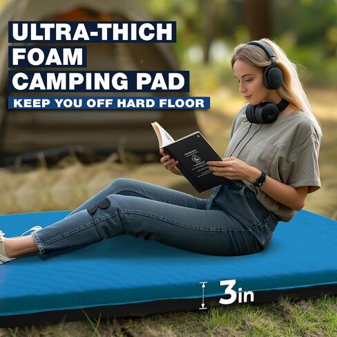 Overmont 3"Thick Self-Inflating Sleeping Pad - Wide Foam Camping Mattress Portable Roll Up Outdoor Mat for Tent Car Truck Van Rooftop - 4 Season in Kuwait