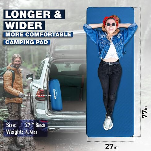 Overmont 3"Thick Self-Inflating Sleeping Pad - Wide Foam Camping Mattress Portable Roll Up Outdoor Mat for Tent Car Truck Van Rooftop - 4 Season in Kuwait