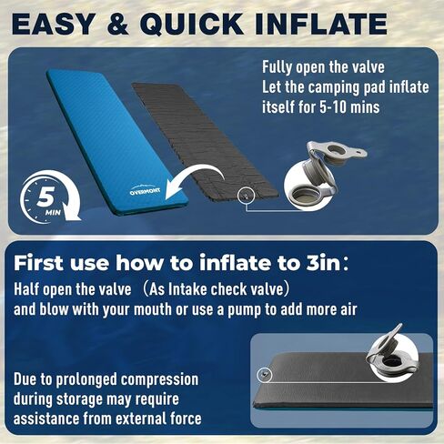 Overmont 3"Thick Self-Inflating Sleeping Pad - Wide Foam Camping Mattress Portable Roll Up Outdoor Mat for Tent Car Truck Van Rooftop - 4 Season in Kuwait
