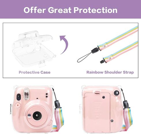 حافظة حماية MOSISO متوافقة مع كاميرا Instax Mini 11 الفورية، غطاء حافظة كاميرا صلب مع حزام كتف قابل للتعديل بألوان قوس قزح، شفاف كريستالي in Saudi Arabia