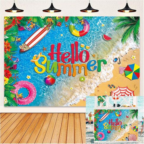 HEARKEN 150x90cm Hello Summer Beach Ocean Backdrop Tropical Sea Coastal Flower Hawaiian Palm Trees Pool Party Surfboard Swimming Background Baby Shower Summer Party Photo Banner in Saudi Arabia
