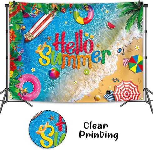 HEARKEN 150x90cm Hello Summer Beach Ocean Backdrop Tropical Sea Coastal Flower Hawaiian Palm Trees Pool Party Surfboard Swimming Background Baby Shower Summer Party Photo Banner in Saudi Arabia