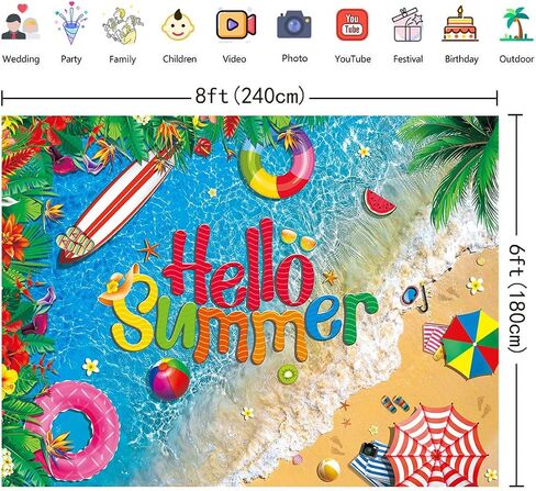 HEARKEN 150x90cm Hello Summer Beach Ocean Backdrop Tropical Sea Coastal Flower Hawaiian Palm Trees Pool Party Surfboard Swimming Background Baby Shower Summer Party Photo Banner in Saudi Arabia