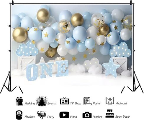 البالونات صور خلفية للصبي حفلة عيد ميلاد 7x5ft النسيج الأولاد كعكة سحق خلفية سنة واحدة خلفية عيد ميلاد الطفل خلفية زرقاء لعيد الميلاد الأول صبي الطفل 1 عيد ميلاد حزب الديكور in Kuwait